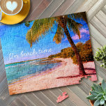 Puzzle Hawaii Ocean Palm Tree Photo Vintage Sur Beach Tim<br><div class="desc">"A l'heure de la plage." Revenez à la mémoire des jours de plage tropicale et paresseux chaque fois que vous profitez de ces vacances Hawaii funky, rétro, look vintage, photo en détresse puzzle d'un palmier solitaire sur une plage de sable, croissant, avec ciel bleu turquoise clair et l'eau. Fait un...</div>