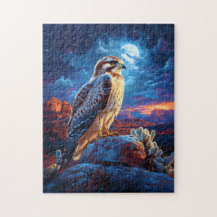 Puzzle Hawk dans le désert sous une Pleine lune