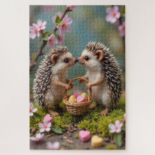 Puzzle Hedgehogs Carefully Sharing Valentine Hearts (Vertical)