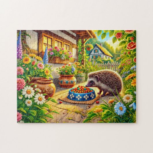 Puzzle Hérisson à la nourriture pour chat sur la terrasse (Horizontal)