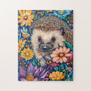 Puzzle Hérisson dans un parterre de fleurs en fleurs