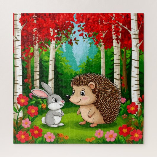 Puzzle Hérisson mignon et lapin dans une forêt lumineuse (Vertical)