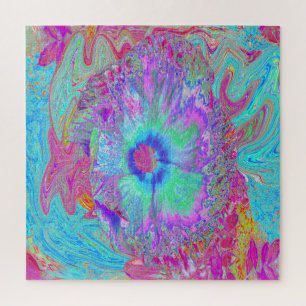 Puzzle Hibiscus Bleu Rétro Psychedélique Arc-en-ciel