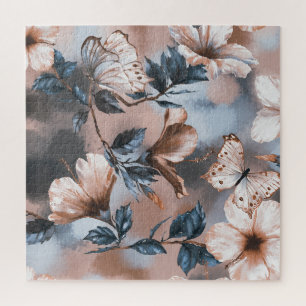 Puzzle Hibiscus floral aquarelle, motif papillon.