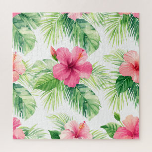 Puzzle Hibiscus rose tropical palmier aquarelle