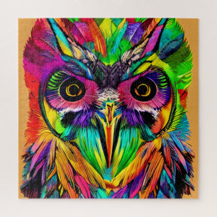 Puzzle Hibou avec des plumes colorées Art IA ironique