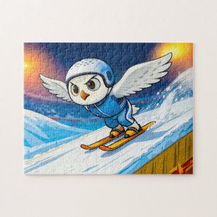 Puzzle Hibou blanc sautant à ski depuis une piste de ski