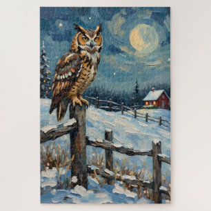 Puzzle Hibou vintage sur une clôture au-dessus d'un champ