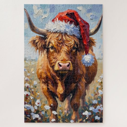 Puzzle Highland Cow Rustic Winter Tinsel Hat (Vertical)