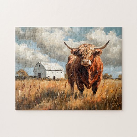 Puzzle Highland Cow White Barne Rustique (Horizontal)