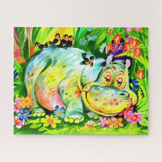 Puzzle hippopotames et oiseaux aux couleurs vives (Horizontal)