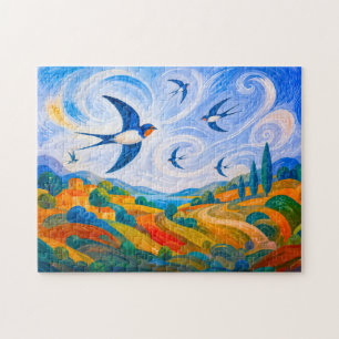 Puzzle Hirondelles glissant dans le ciel venteux d'une co