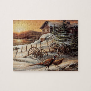 Puzzle Hiver Pheasant Sunset Lake Cottage Wild Game Bird