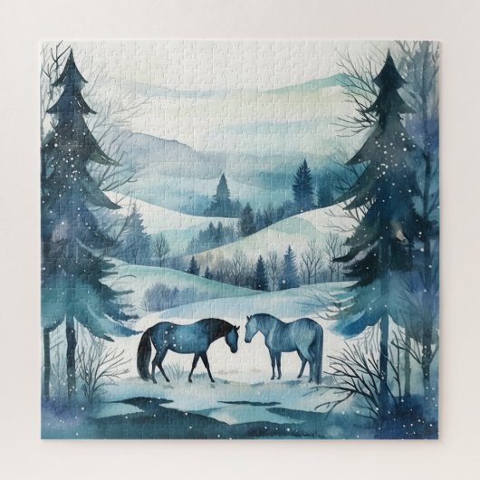 Puzzle Hivernal Forêt Chevaux Equestre Bleu (Vertical)