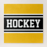 Puzzle HOCKEY Bright Jaune Noir Blanc Rayures de course<br><div class="desc">Ce design sportif amusant présente un texte HOCKEY audacieux à l'intérieur de bandes de course en noir et blanc contre un arrière - plan jaune vif. Les couleurs et le texte de ce design peuvent être personnalisés.</div>