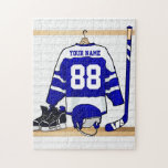 Puzzle Hockey sur glace bleu et blanc personnalis&#233; Jersey