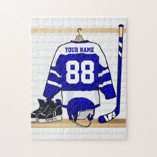 Puzzle Hockey sur glace bleu et blanc personnalisé Jersey