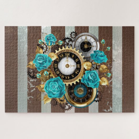 Puzzle Horloge à vapeur et Roses turquoise sur le sol (Horizontal)