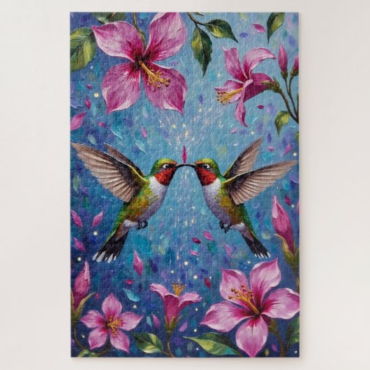 Puzzle Hummingbird Couple Iridescent Flower Love (Vertical)