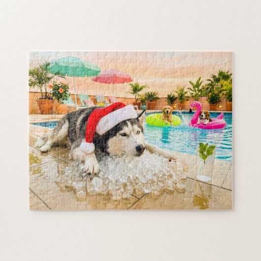 Puzzle Husky sur les rochers à Noël (Horizontal)