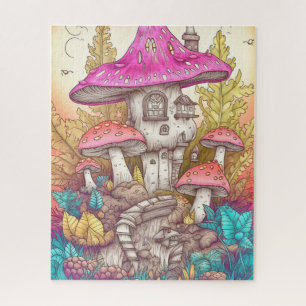 Puzzle Illustration d'art de village champignon rétro