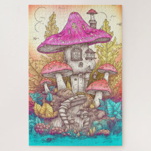 Puzzle Illustration d'art de village champignon rétro