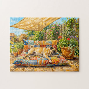 Puzzle Illustration de chien Mops de terrasse estivale fa
