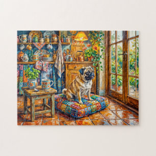Puzzle Illustration de Mops Fenêtre de Cuisine de Cottage