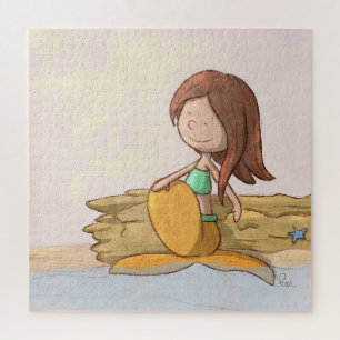Puzzle Illustration de sirène sur la plage au coucher du