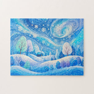 Puzzle Illustration d'une maison d'hiver dans une chute d