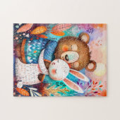 Puzzle Illustration of bear hugging rabbit in forest. (Horizontal)