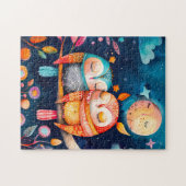 Puzzle Illustration of owls hugging in forest at night (Horizontal)