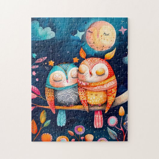 Puzzle Illustration of owls hugging in forest at night (Vertical)