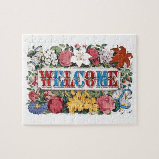 Puzzle Illustration vintage BIENVENUE avec des fleurs (Horizontal)