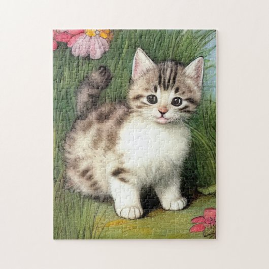 Puzzle Illustration vintage de chat avec Fleurs rouges (Vertical)
