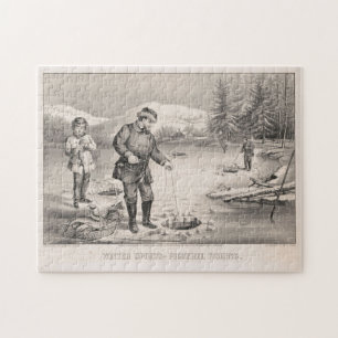 Puzzle Illustration Vintage de la pêche sur glace (1872)