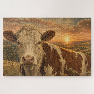 Puzzle Illustration Vintage de Vache des Highlands au Cou