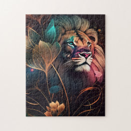 Puzzle Imaginaire, magnifique lion avec fleurs art IA