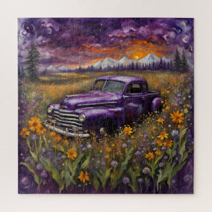 Puzzle Imaginaire Vechicle violet rétro dans une prairie 