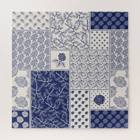 Puzzle Indigo Bleu Beige Floral Patchwork (Vertical)
