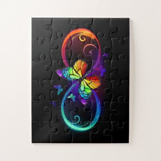 Puzzle Infini vibrant avec papillon arc-en-ciel sur noir (Vertical)