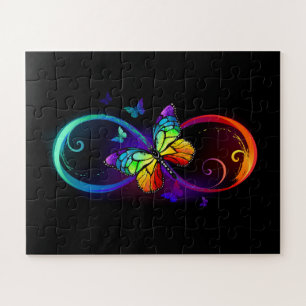 Puzzle Infini vibrant avec papillon arc-en-ciel sur noir