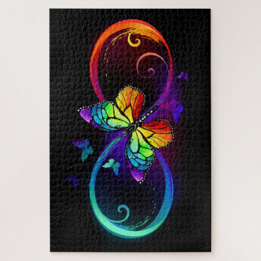 Puzzle Infini vibrant avec papillon arc-en-ciel sur noir (Vertical)