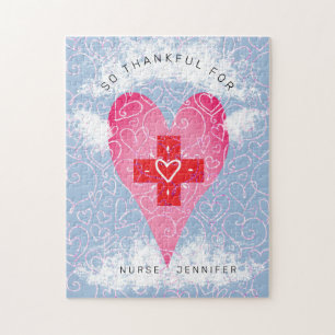 Puzzle Infirmière moderne Coeur rose avec nuages Merci No
