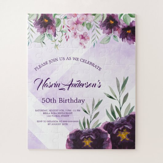 Puzzle Invitation d'anniversaire florale violette élégant (Vertical)