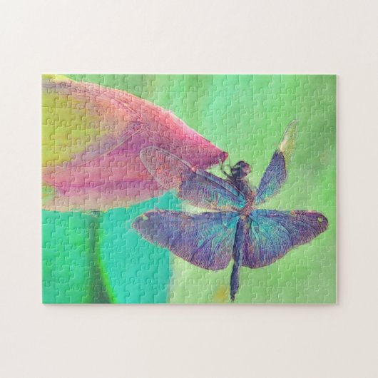 Puzzle Iridescent Blue Dragonfly on Pink Waterlily (Horizontal)