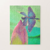 Puzzle Iridescent Blue Dragonfly on Pink Waterlily (Vertical)