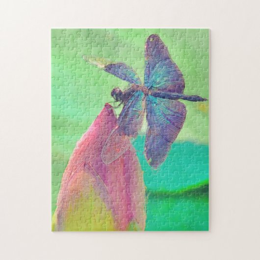 Puzzle Iridescent Blue Dragonfly on Pink Waterlily (Vertical)