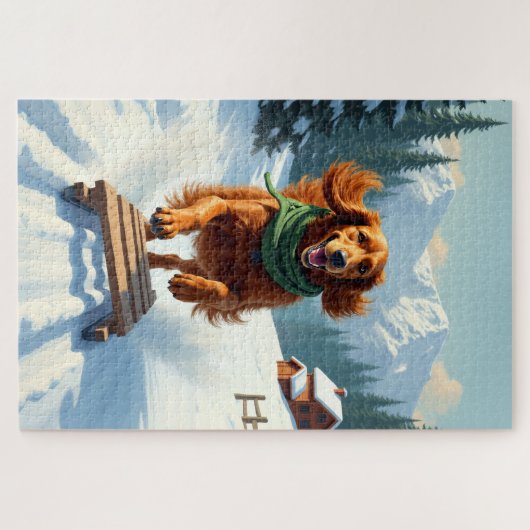 Puzzle Irish Setter Sledding Adventure Christmas Painting (Horizontal)