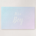 Puzzle It'a Boy blue pink gradient ombre gender reveal<br><div class="desc">Le blog a Boy light blue and light pink gradient ombre color pattern moderne cute baby shower gender reveal jigsaw puzzle. guessing game, boy or girl ? Half side is light pink, half side is light blue, colors blend at the center area where is a script text that reveals the...</div>